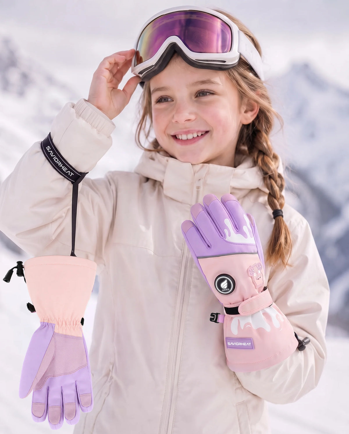 Sangle de maintien sécurisée – gants de ski chauffants enfant Savior Heat à motif ours