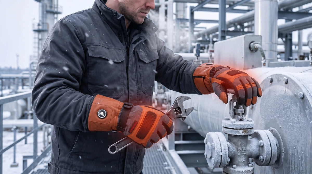Vue détaillée des gants de travail chauffants en cuir de chèvre Savior Heat marron