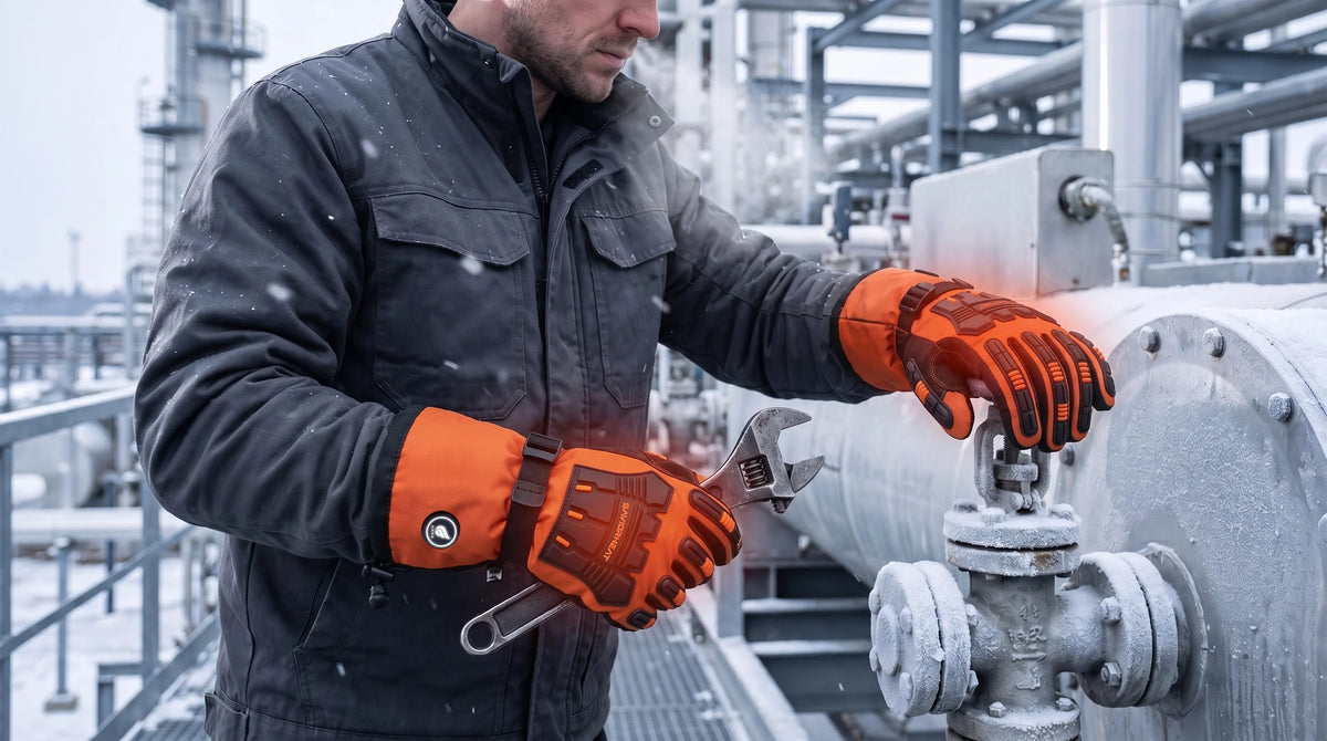 Vue détaillée des gants de travail chauffants renforcés Savior Heat orange sécurité