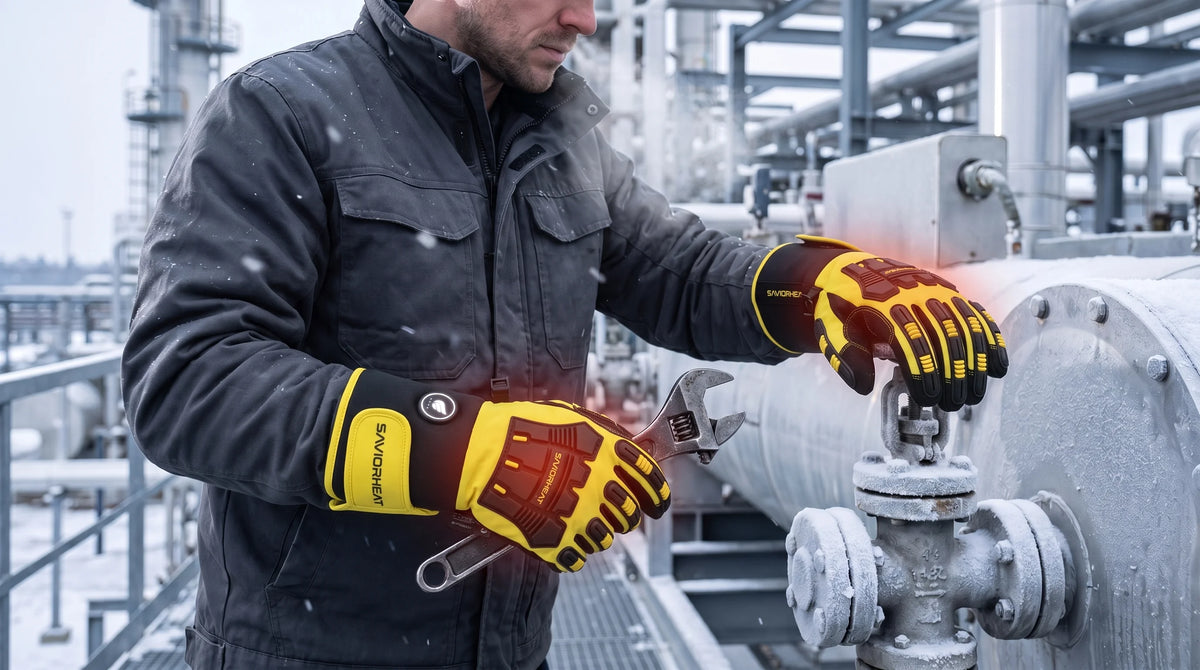 Vue détaillée des gants de travail chauffants Savior Heat jaune haute visibilité