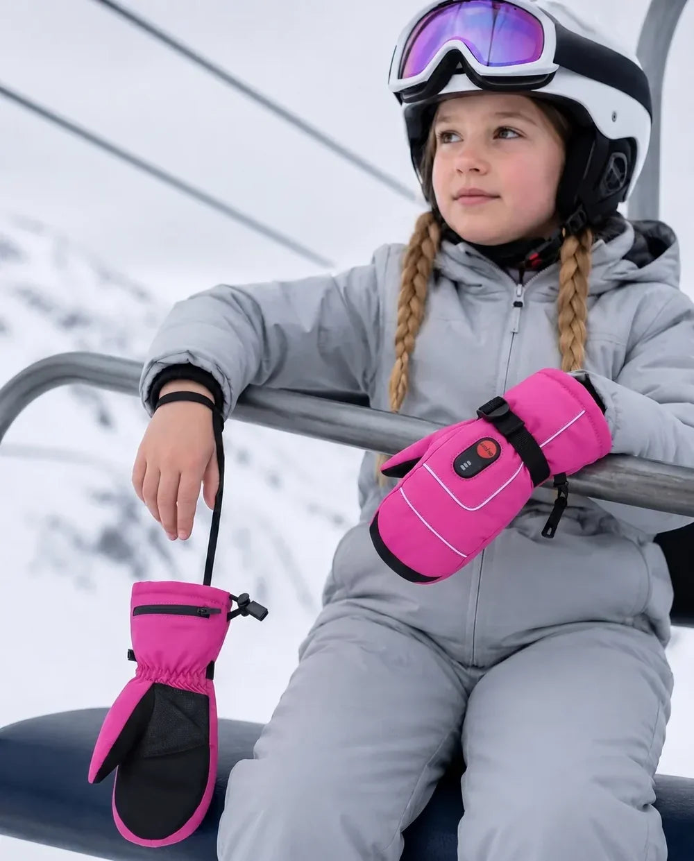 Moufles chauffantes enfant Savior Heat SKGL01MP roses avec sangle de maintien sécurisée