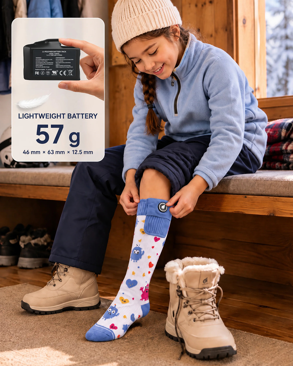 Batterie légère adaptée aux enfants – chaussettes de ski chauffantes enfant motif monstre Savior Heat