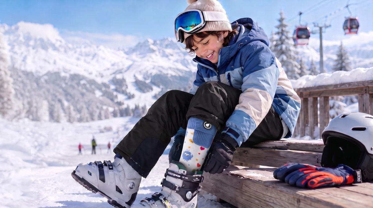 Vue détaillée des chaussettes de ski chauffantes enfant motif monstre Savior Heat