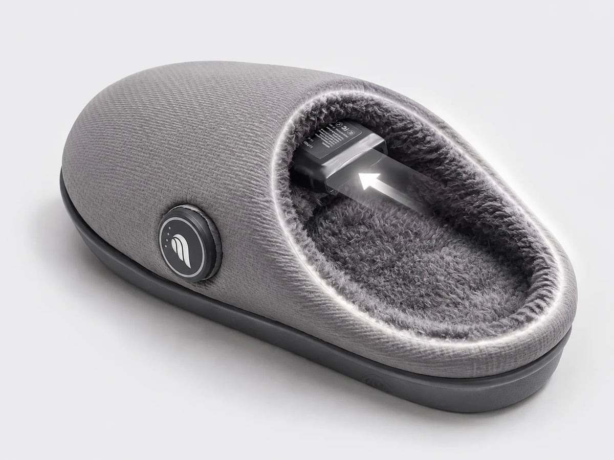 Chaussons chauffants faciles à enfiler avec poche batterie discrètement intégrée au chausson