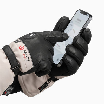 Savior Gants de Ski Chauffants 2.0 Contrôle Bluetooth, Doigts Pré-Courbés et Paume en Peau de Chèvre Imperméable