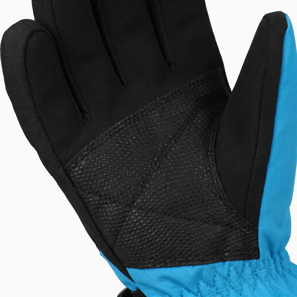 Détail de la paume antidérapante des gants chauffants enfant bleus