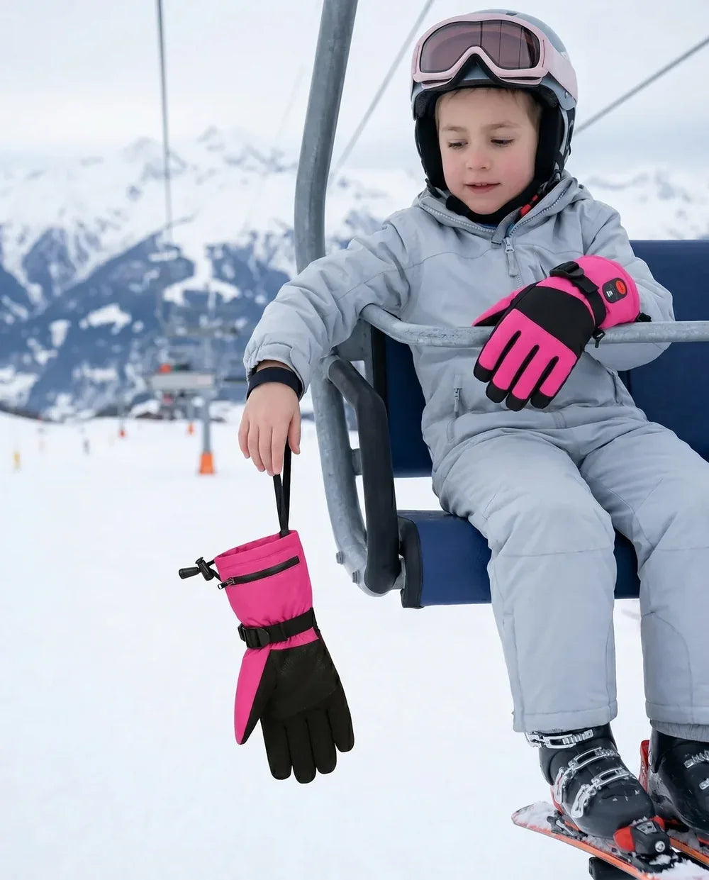 Gants d’hiver chauffants enfant Savior Heat SKGL01FP roses avec sangle ajustable sécurisée