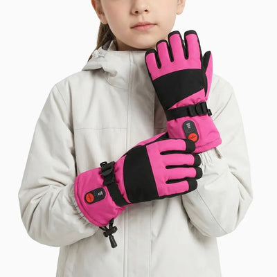 Gants chauffants enfant roses SAVIOR HEAT SKGL01FP portés par un modèle