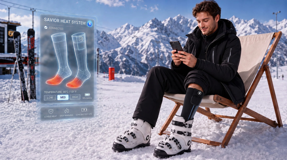 Détails de conception des chaussettes de ski chauffantes avec soutien plantaire Savior Heat