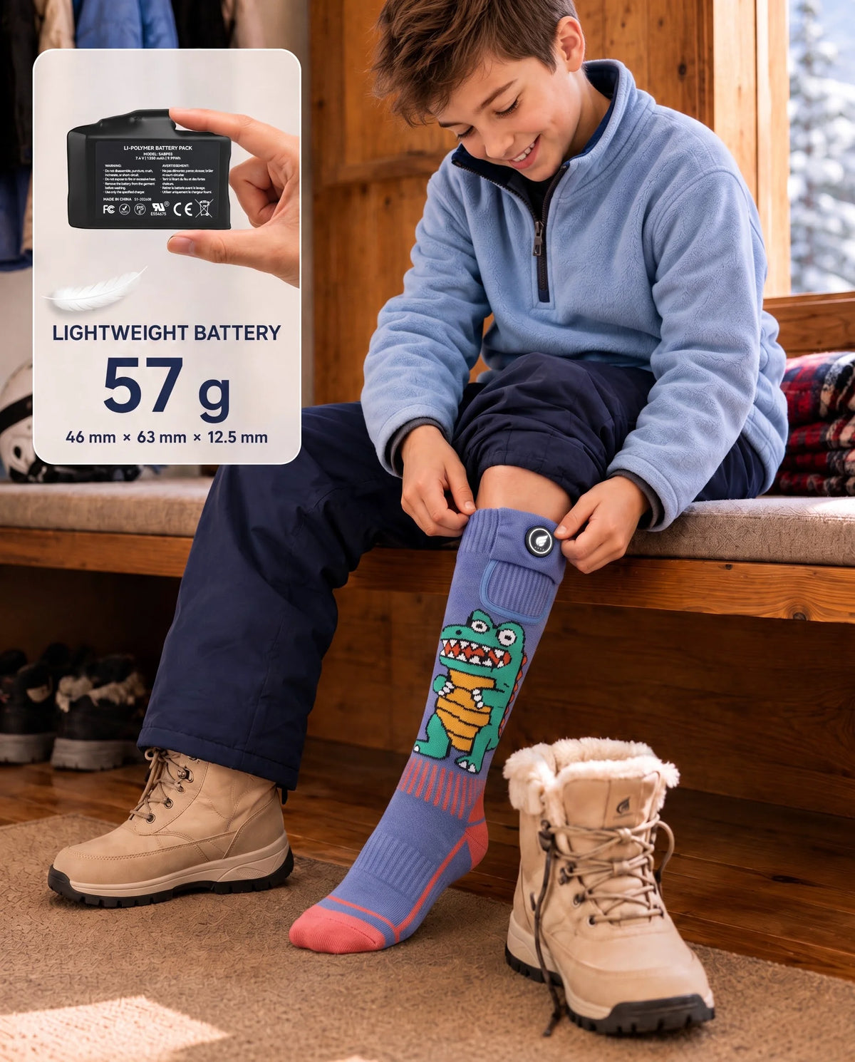 Batterie légère adaptée aux enfants – chaussettes de ski chauffantes enfant motif crocodile Savior Heat