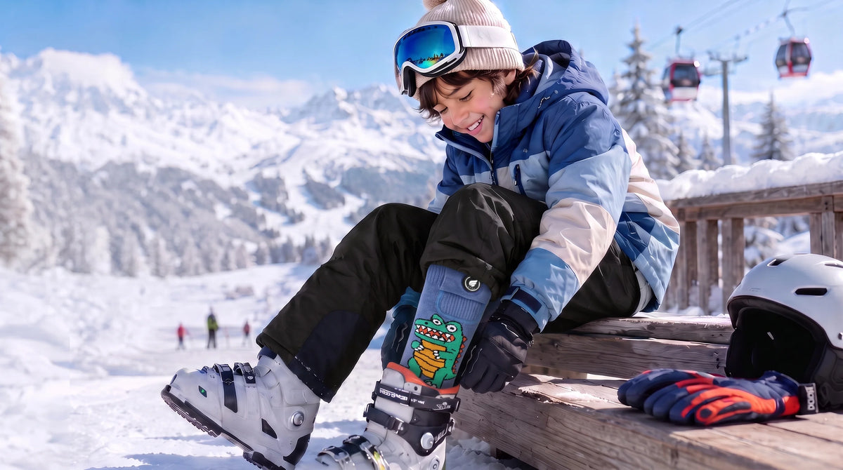Vue détaillée des chaussettes de ski chauffantes enfant motif crocodile Savior Heat