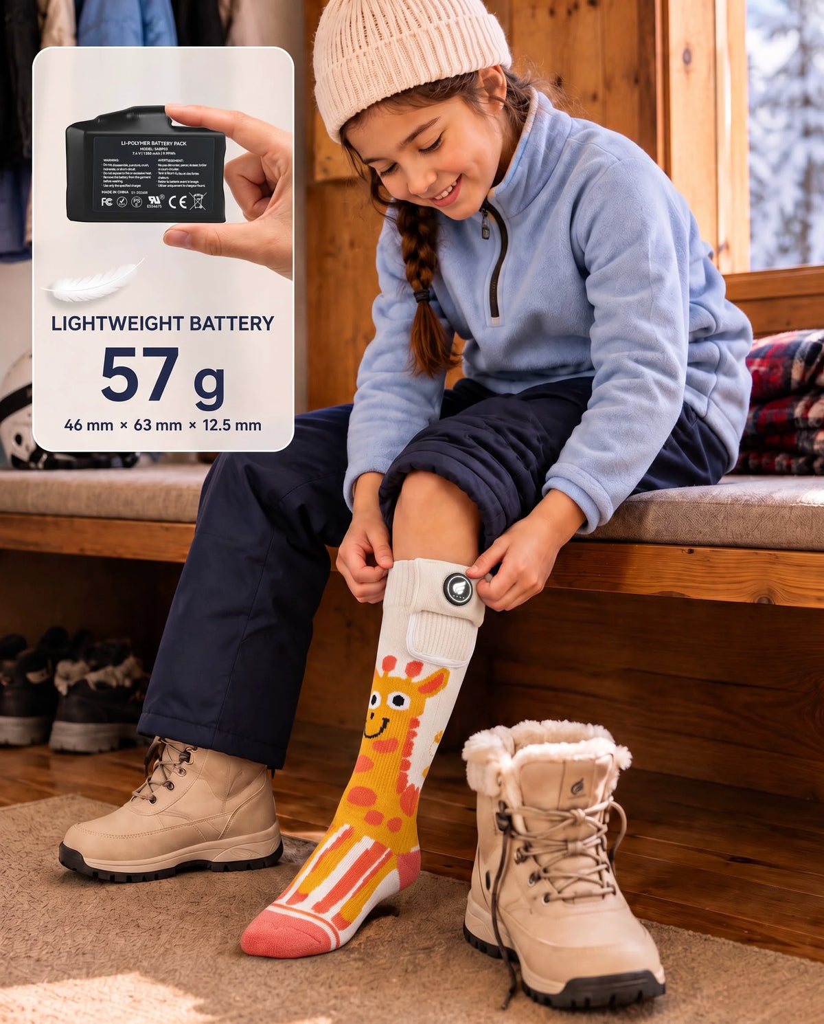 Batterie légère adaptée aux enfants – chaussettes de ski chauffantes enfant motif girafe Savior Heat