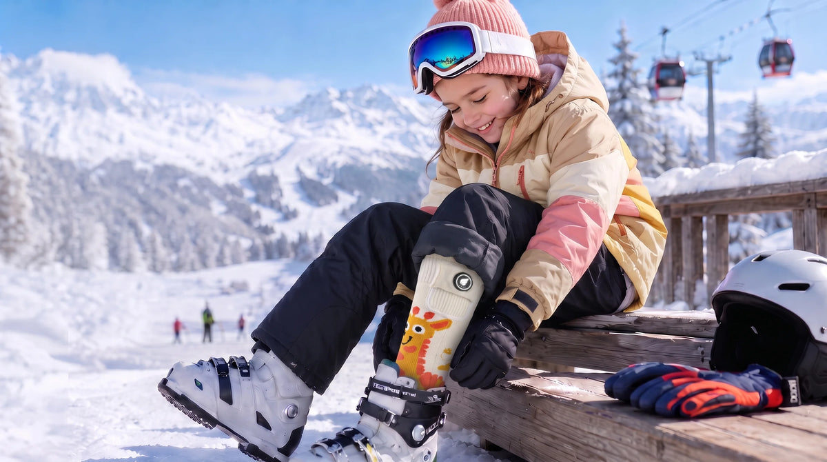 Vue détaillée des chaussettes de ski chauffantes enfant motif girafe Savior Heat